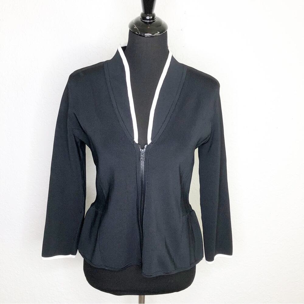 Pink Tartan black white trim full zip ruffle hem knit jacket size Large